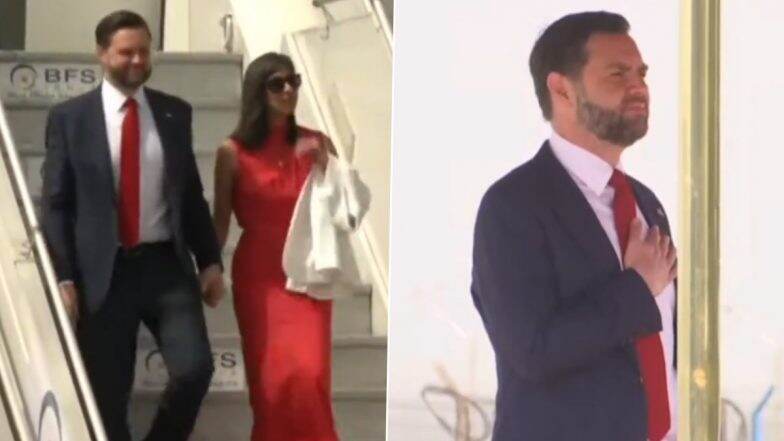 JD Vance India Visit: Accompanied by Second Lady Usha Vance and Children, US Vice President Arrives at Palam Airport for His First Official Visit, Receives Ceremonial Guard of Honour (Watch Videos)