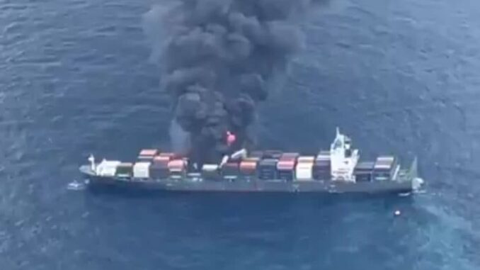 WAN HAI 503 Fire Incident: Indian Navy and Coast Guard Rescue 18 Crew Members From Singapore-Flagged Cargo Vessel That Caught Fire Off Kerala Coast (See Pics and Video)